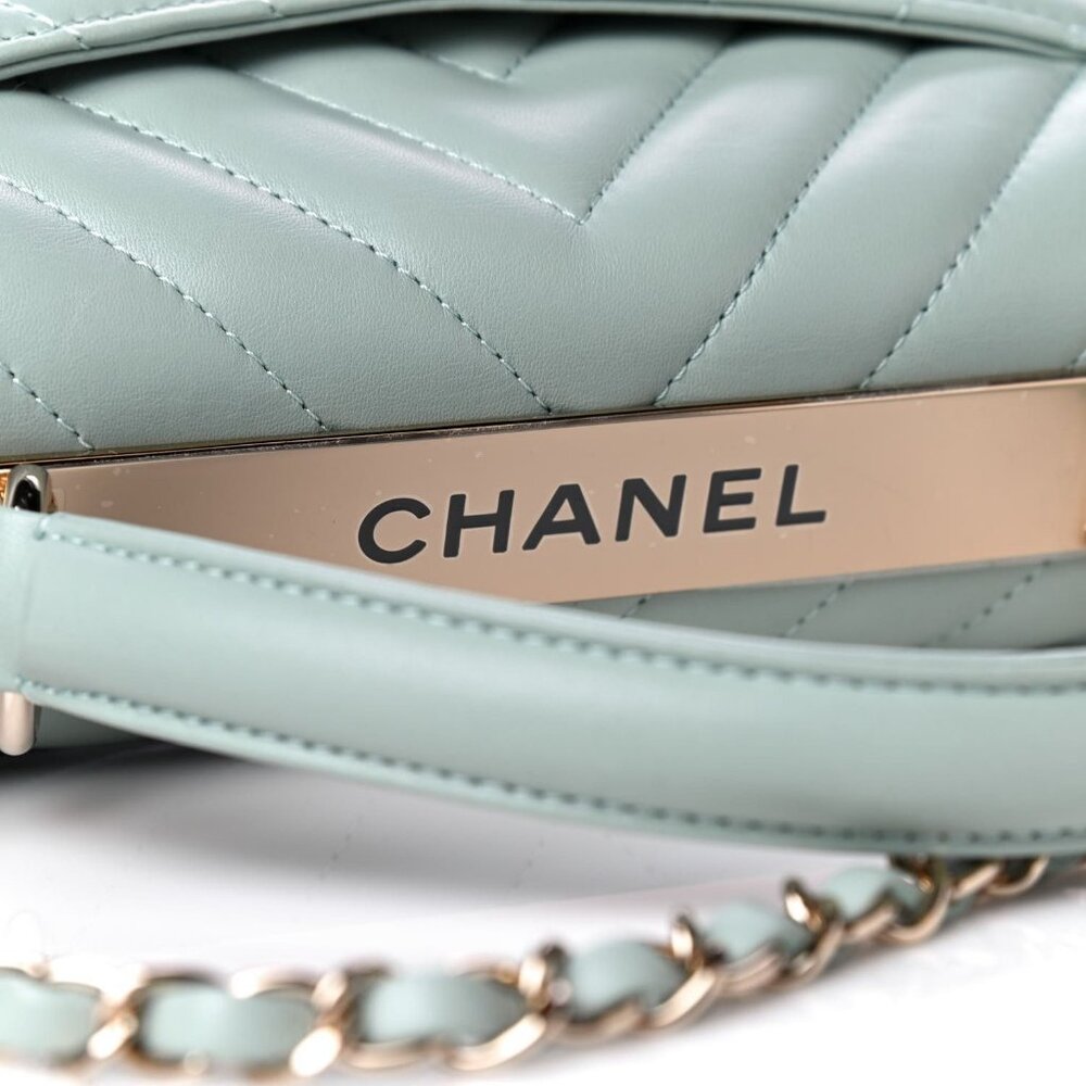 Authentic CHANEL Trendy Chevron Lambskin Quilted Dual Handle Flap Bag Mint Tote - Picture 16 of 16